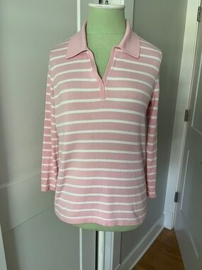 J. McLaughlin Pink and White Striped V-Neck Polo Sweater